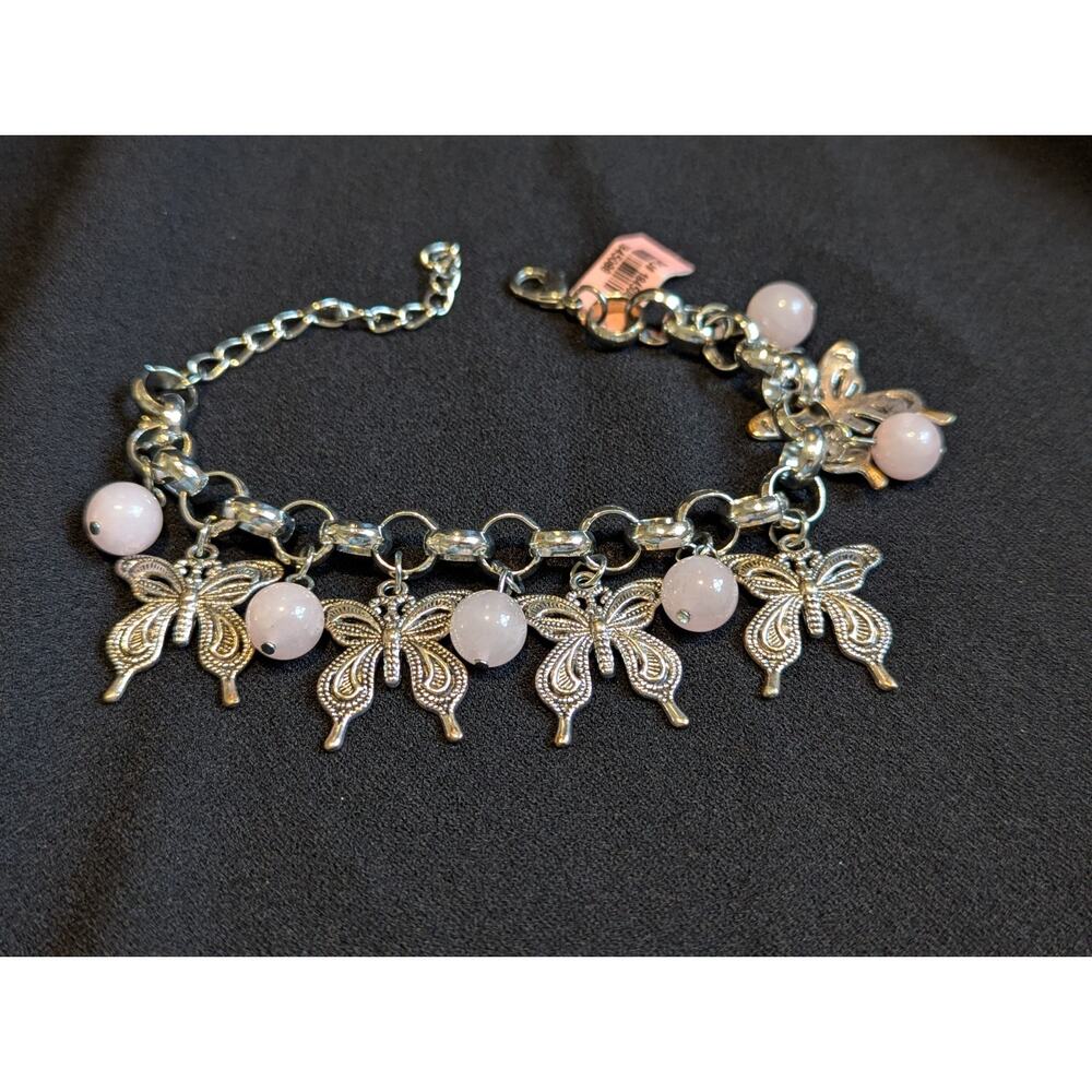 Charm Bracelet Pink Quartz Beads Butterfly Charms Silver Toned NWT